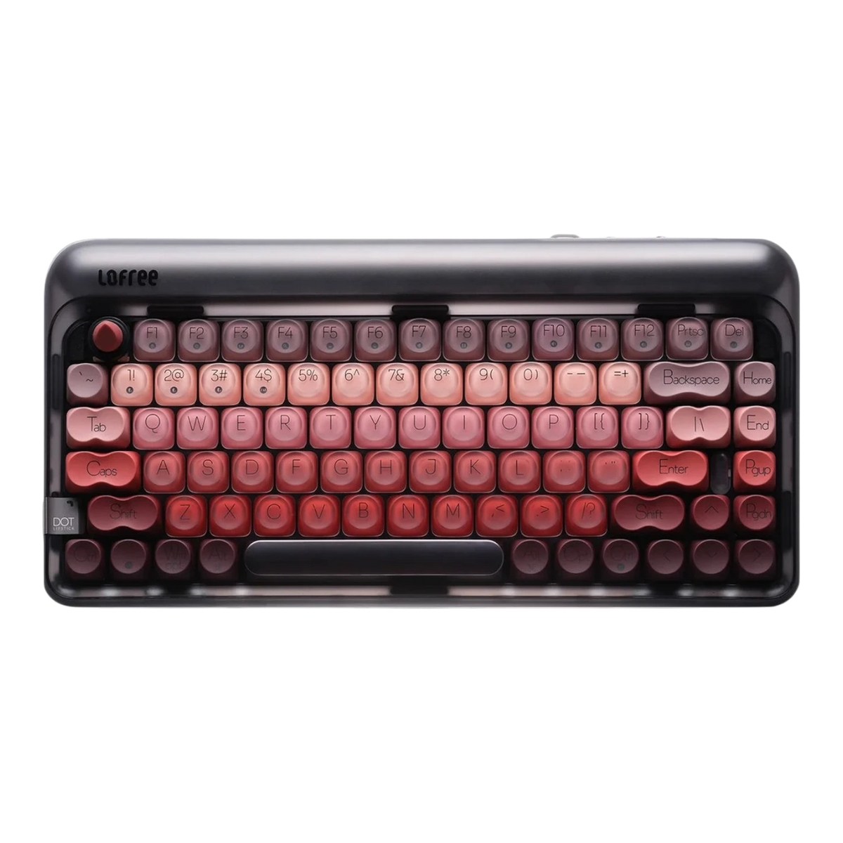 A compact mechanical keyboard with a black chassis and a gradient of pastel pink, peach, and red keycaps, shown on a solid white background. The brand name 'Lofree' is visible in the top-left corner of the keyboard.