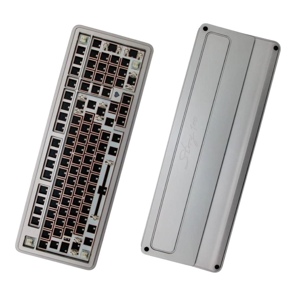 OZO Keyboards GeekZB Story100 aluminum 100% mechanical keyboard barebone kit showing top and bottom views