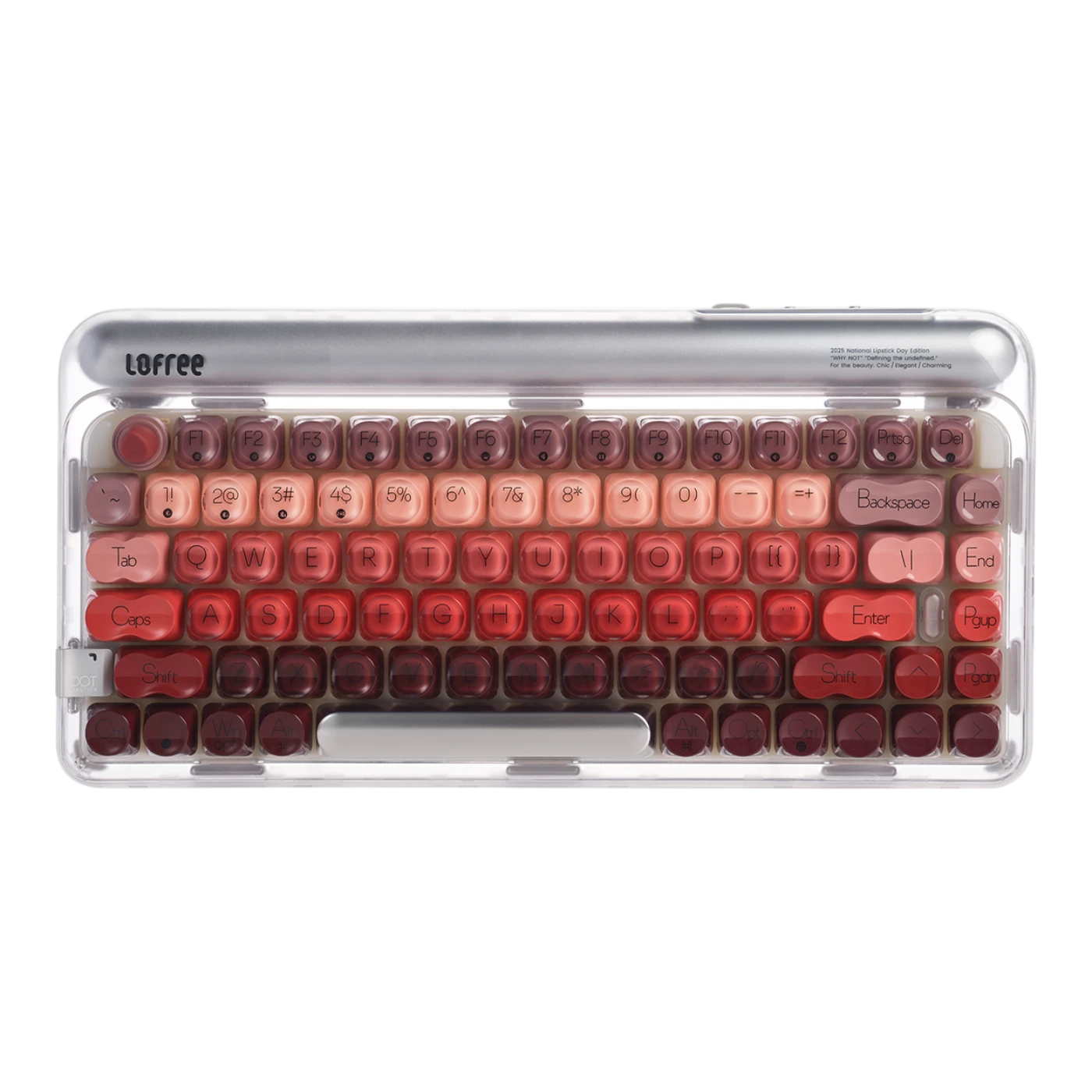 A Lofree mechanical keyboard in a clear protective case, featuring a gradient of typewriter-style keys transitioning from light pink and peach at the top to vibrant red and deep burgundy at the bottom, on a solid white background.#color_silver