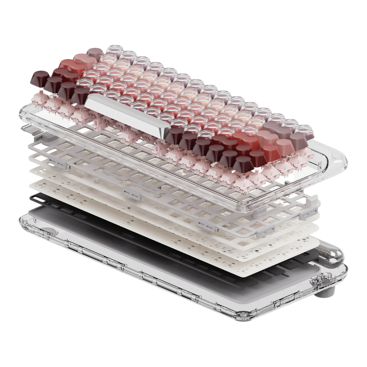 An exploded view of a mechanical keyboard keycap set inside a transparent custom shell, showing the layered structure with various keycap colors and textures on a solid white background.