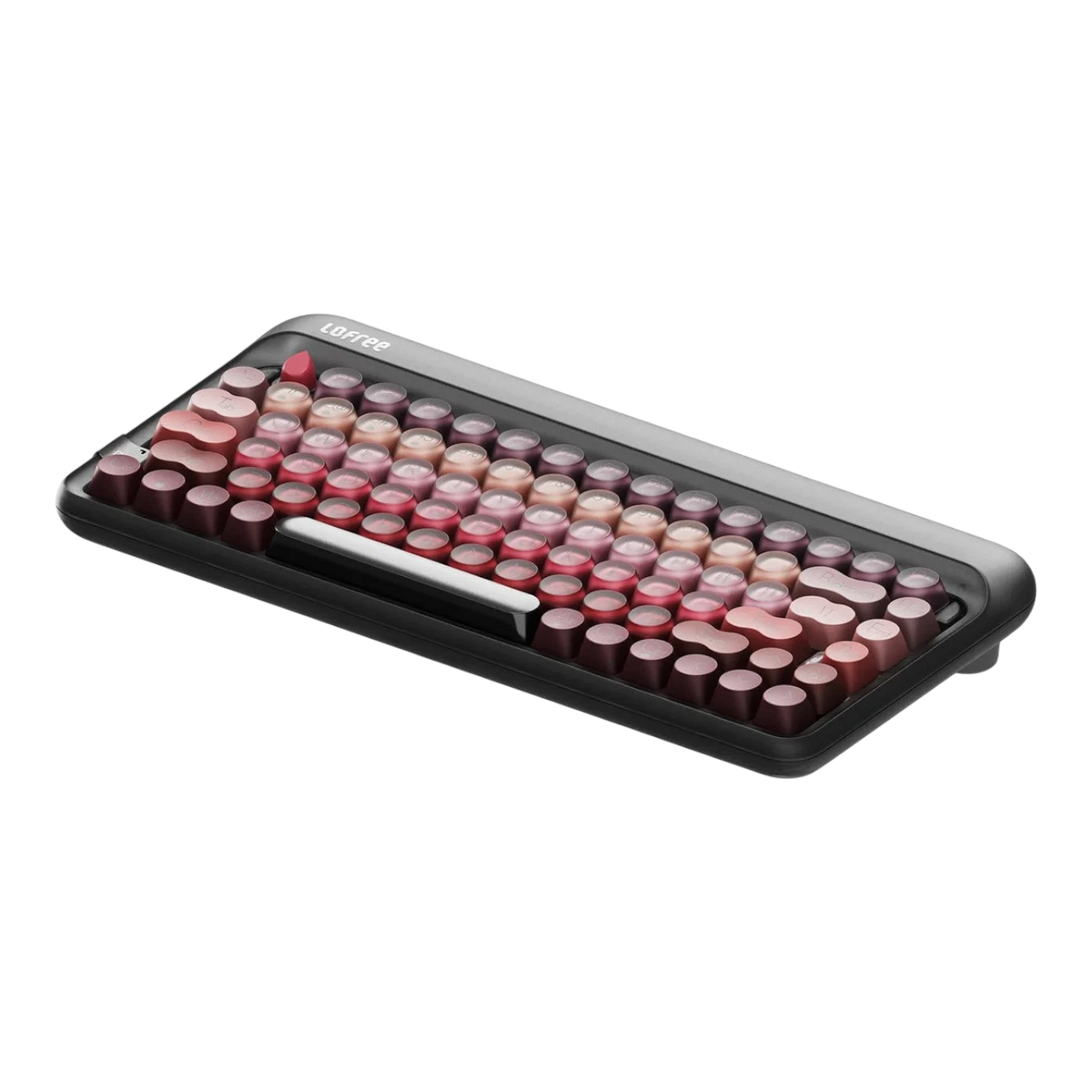 A compact mechanical keyboard with a black frame and a top deck covered in round, translucent pink and mauve-colored keycaps, shown on a plain white background.