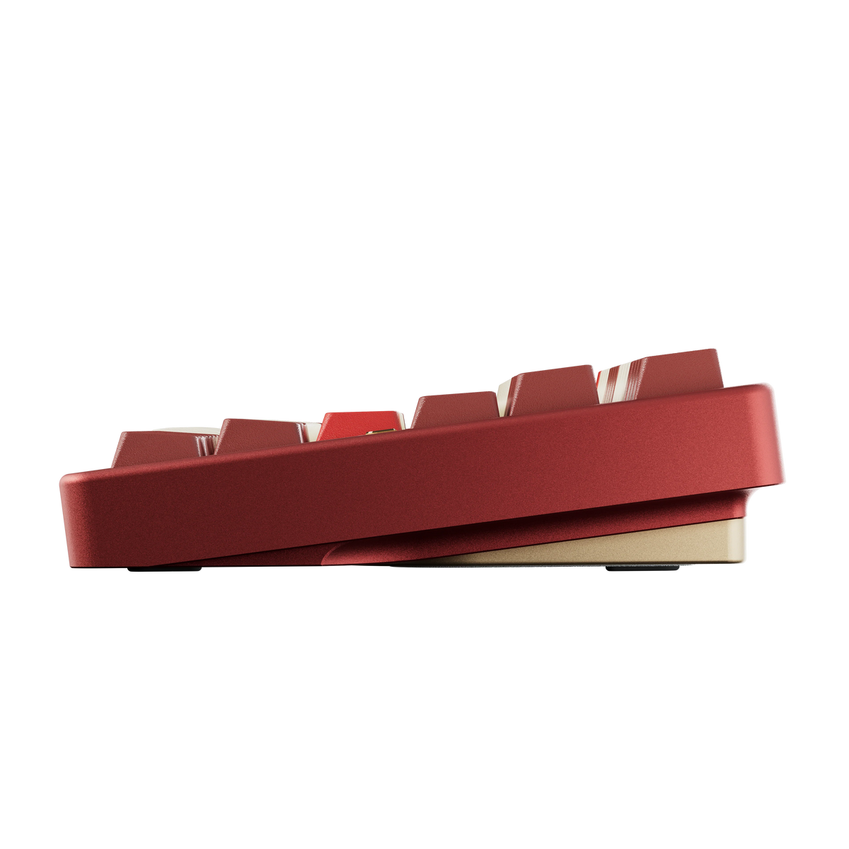 Evo80 80% TKL mechanical keyboard in anodized scarlet, side profile view #choose-colour_anodized-scarlet