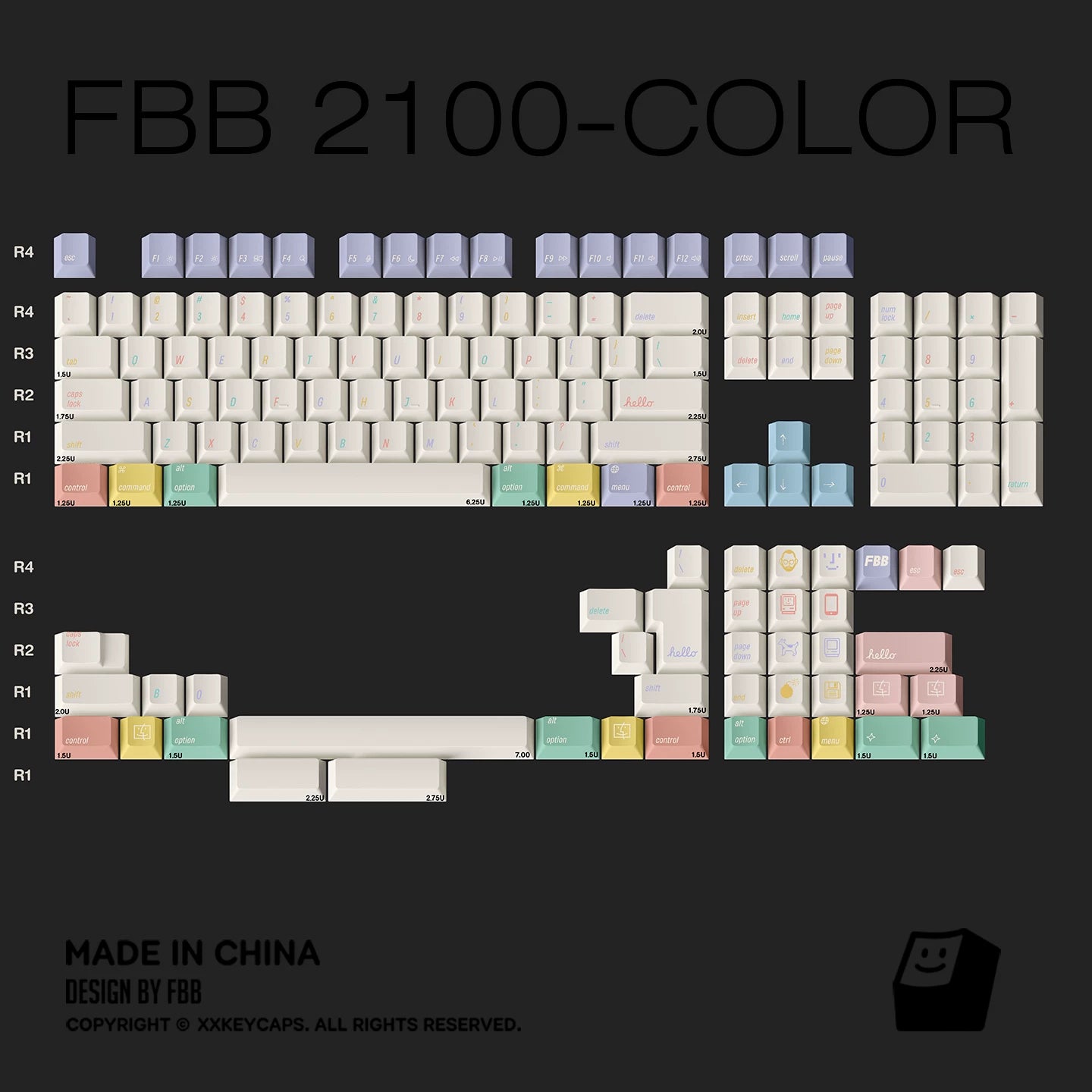 A color-coded layout diagram of a mechanical keyboard keycap set labeled 'FBB 2100-COLOR' on a dark background. The diagram shows multiple rows of keycaps in pastel shades of purple, blue, pink, yellow, green, and orange, each mapped to a corresponding row label.