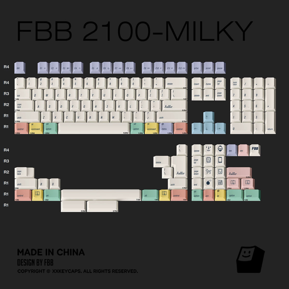 A full mechanical keyboard keycap layout preview labeled 'FBB 2100-MILKY' on a dark background. The design shows the entire keyboard with many pastel-colored keycaps arranged in rows: mostly warm off-white/cream keys, with lavender, light blue, pink, mint, yellow, and peach accents.