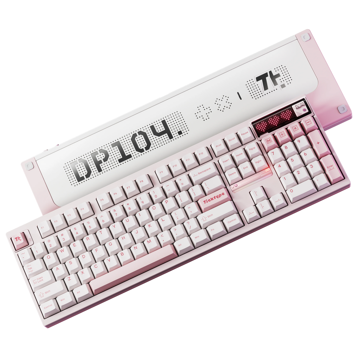 Ticktype DP104 Cat Paw Pink keyboard top and bottom view showing keycaps, LED display and DP104 logo bottom case