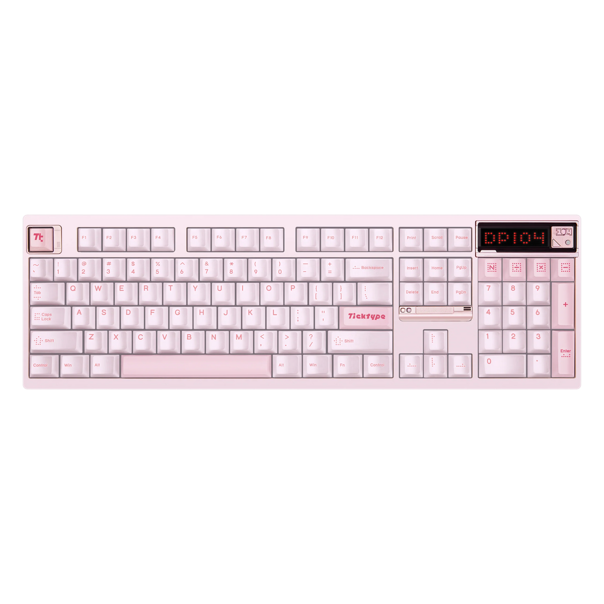 Ticktype DP104 Cat Paw Pink full-size mechanical keyboard top-down view showing 104-key layout and LED matrix display