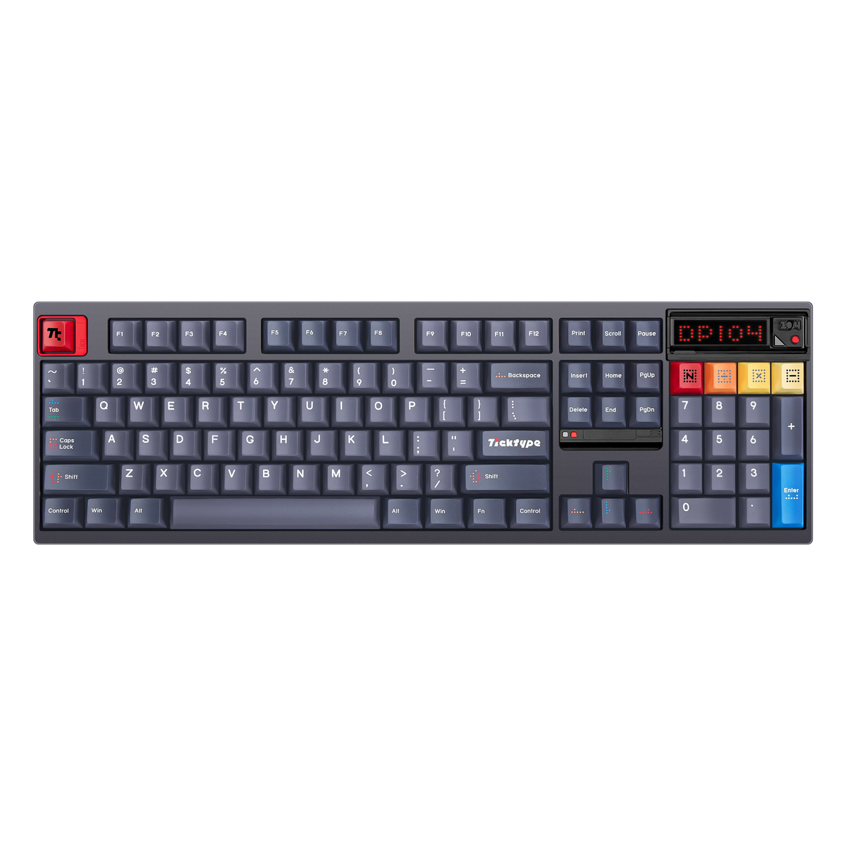 Ticktype DP104 Mecha Grey full-size mechanical keyboard top-down view showing 104-key layout and LED matrix display