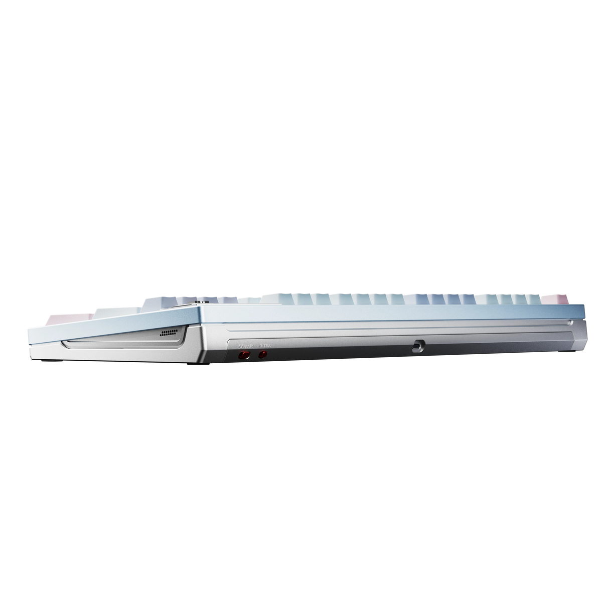 Ticktype DP104 Blue Sky mechanical keyboard side profile showing typing angle, mode switches and USB-C port