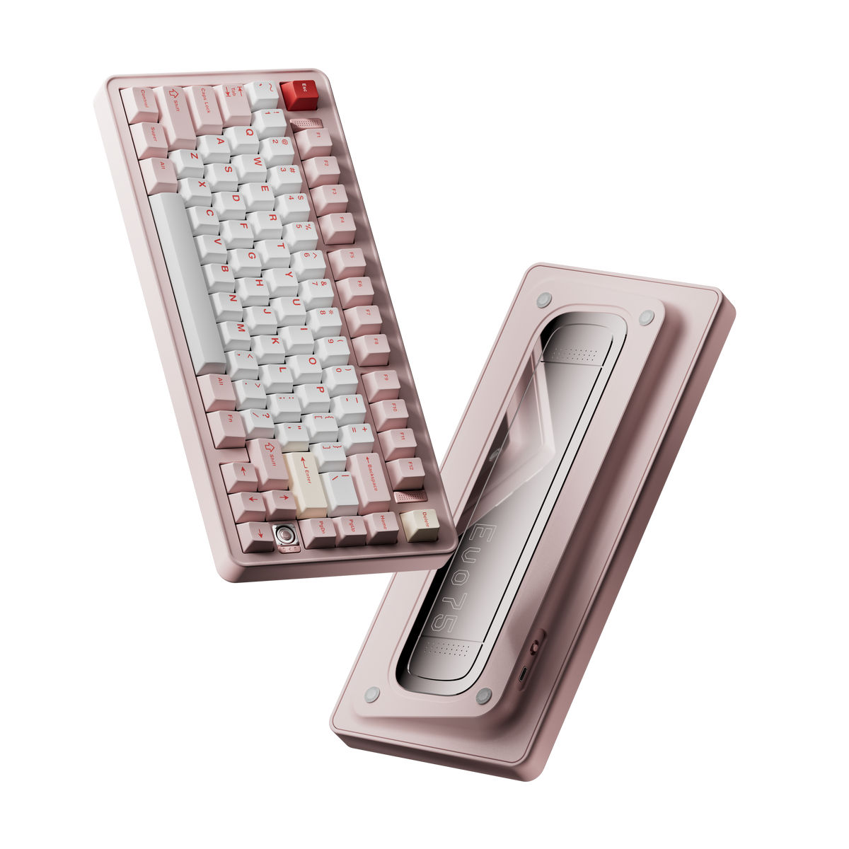 Evo75 wireless mechanical keyboard in Baby Pink colour, shown from the top and the bottom with Evo75 logo window