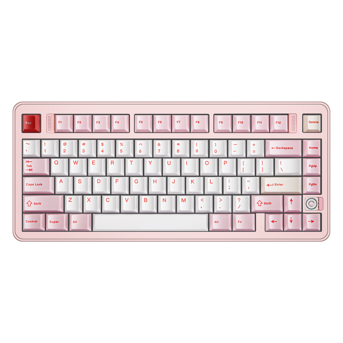 Top view of Evo75 wireless mechanical keyboard in Baby Pink colour, ANSI 75% layout with rotary knob