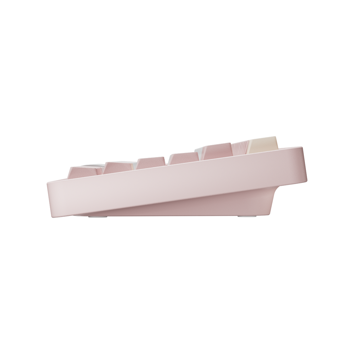 Side view of Evo75 wireless mechanical keyboard in Baby Pink colour, showing case profile and typing angle