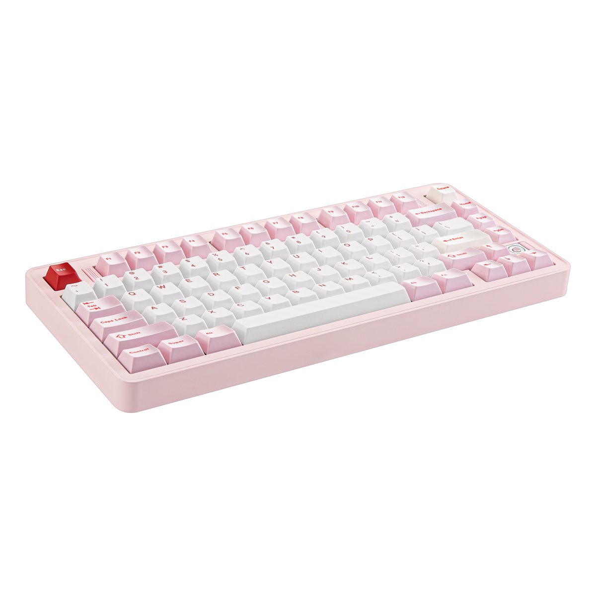 Angled view of Evo75 wireless mechanical keyboard in Baby Pink colour, ANSI 75% layout