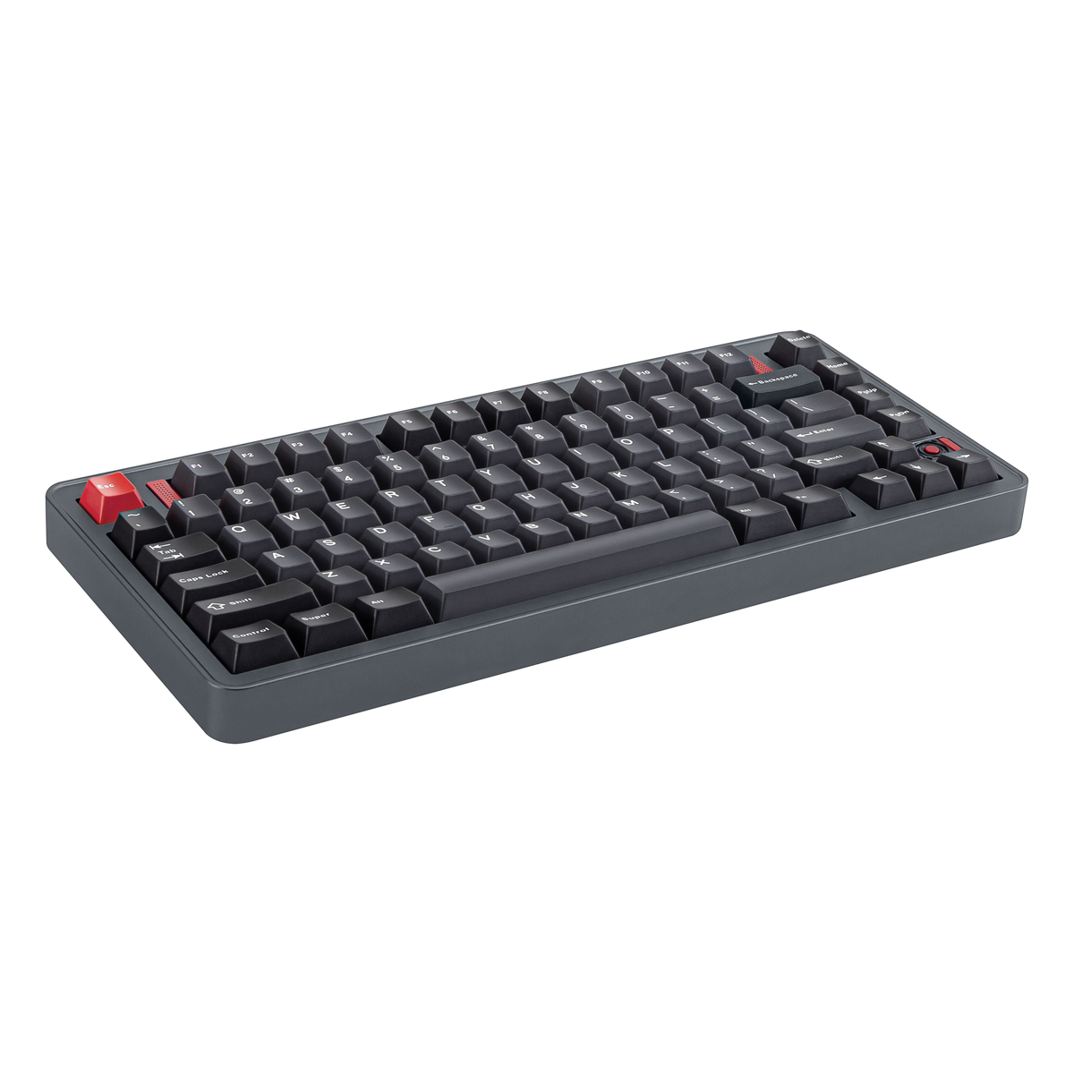 Angled view of Evo75 wireless mechanical keyboard in Basalt Grey colour, ANSI 75% layout