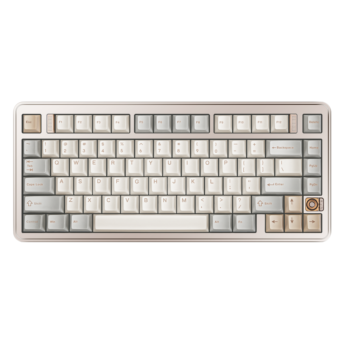 Top view of Evo75 wireless mechanical keyboard in First Light colour, ANSI 75% layout with rotary knob #color_first-light
