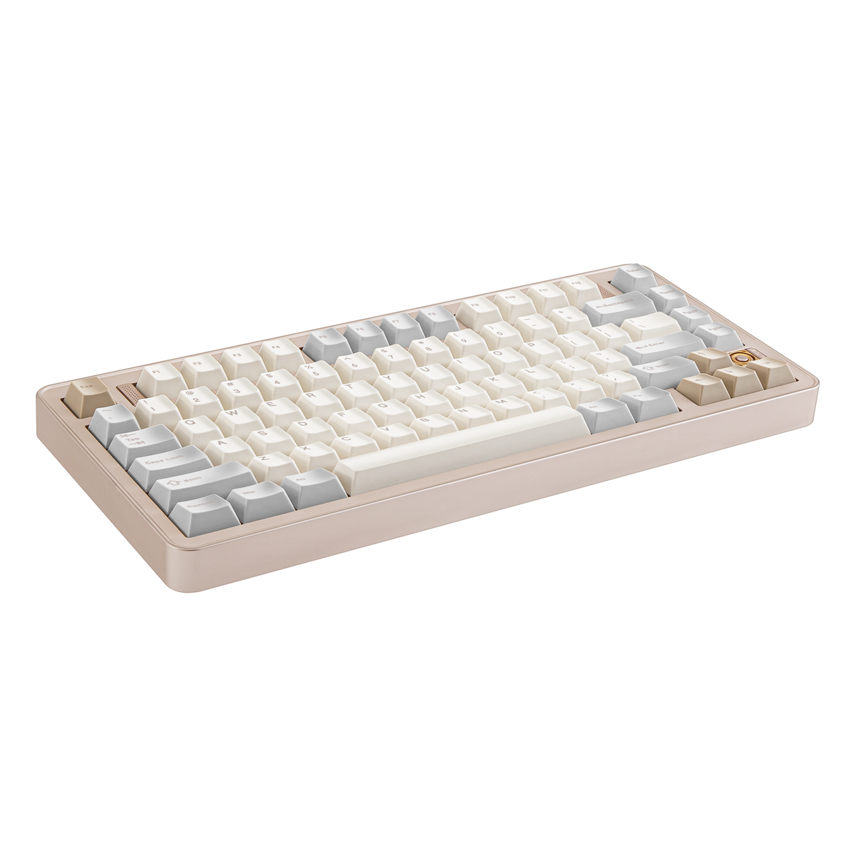 Angled view of Evo75 wireless mechanical keyboard in First Light colour, ANSI 75% layout #color_first-light