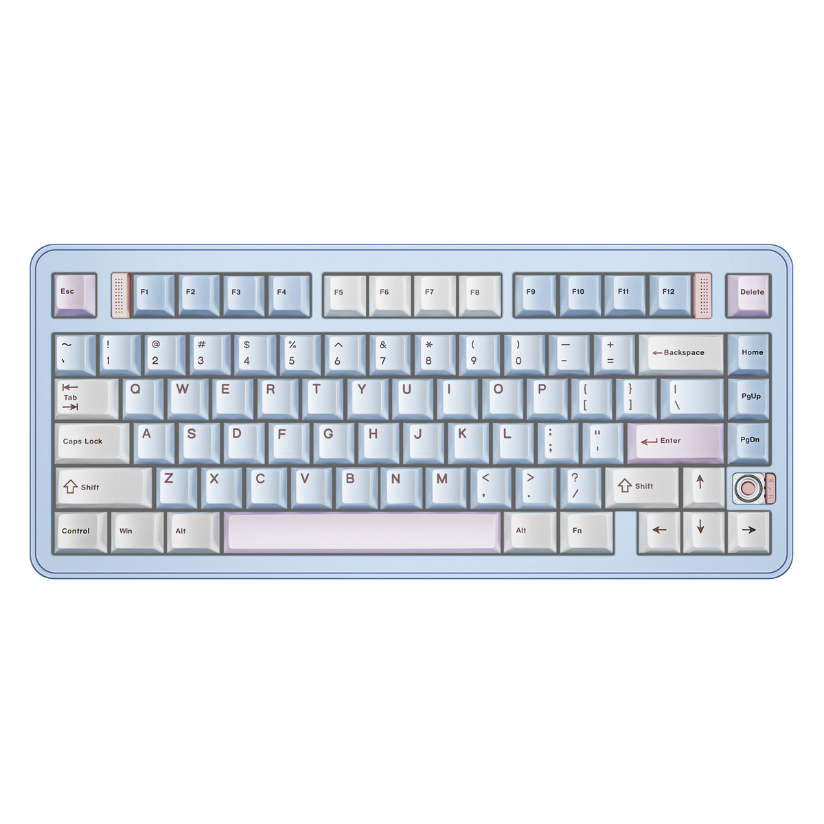 Top view of Evo75 wireless mechanical keyboard in Sky Blue colour, ANSI 75% layout with rotary knob