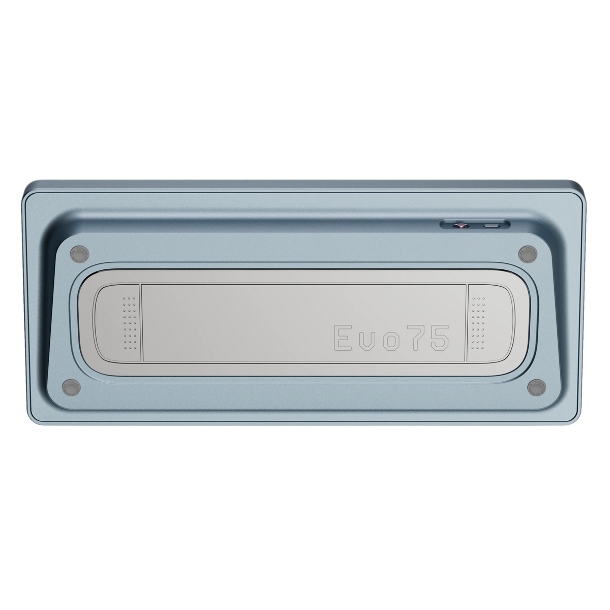 Bottom view of Evo75 wireless mechanical keyboard in Sky Blue colour, showing Evo75 logo window and USB-C port