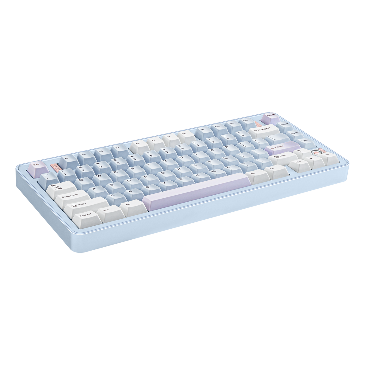 Angled view of Evo75 wireless mechanical keyboard in Sky Blue colour, ANSI 75% layout