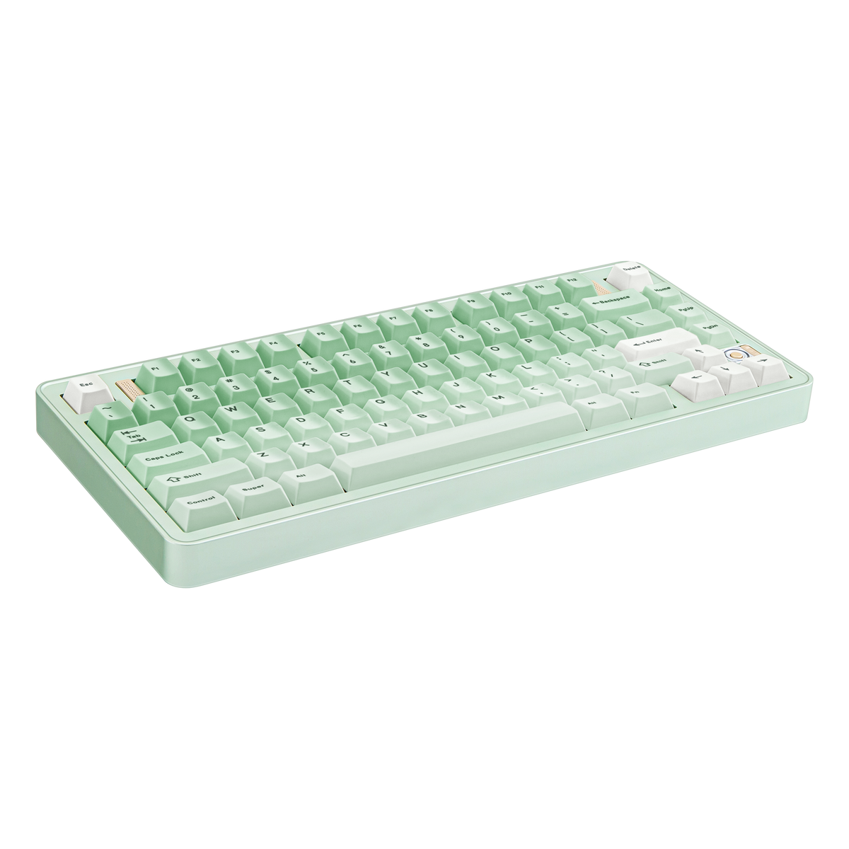 Angled view of Evo75 wireless mechanical keyboard in Light Sage colour, ANSI 75% layout