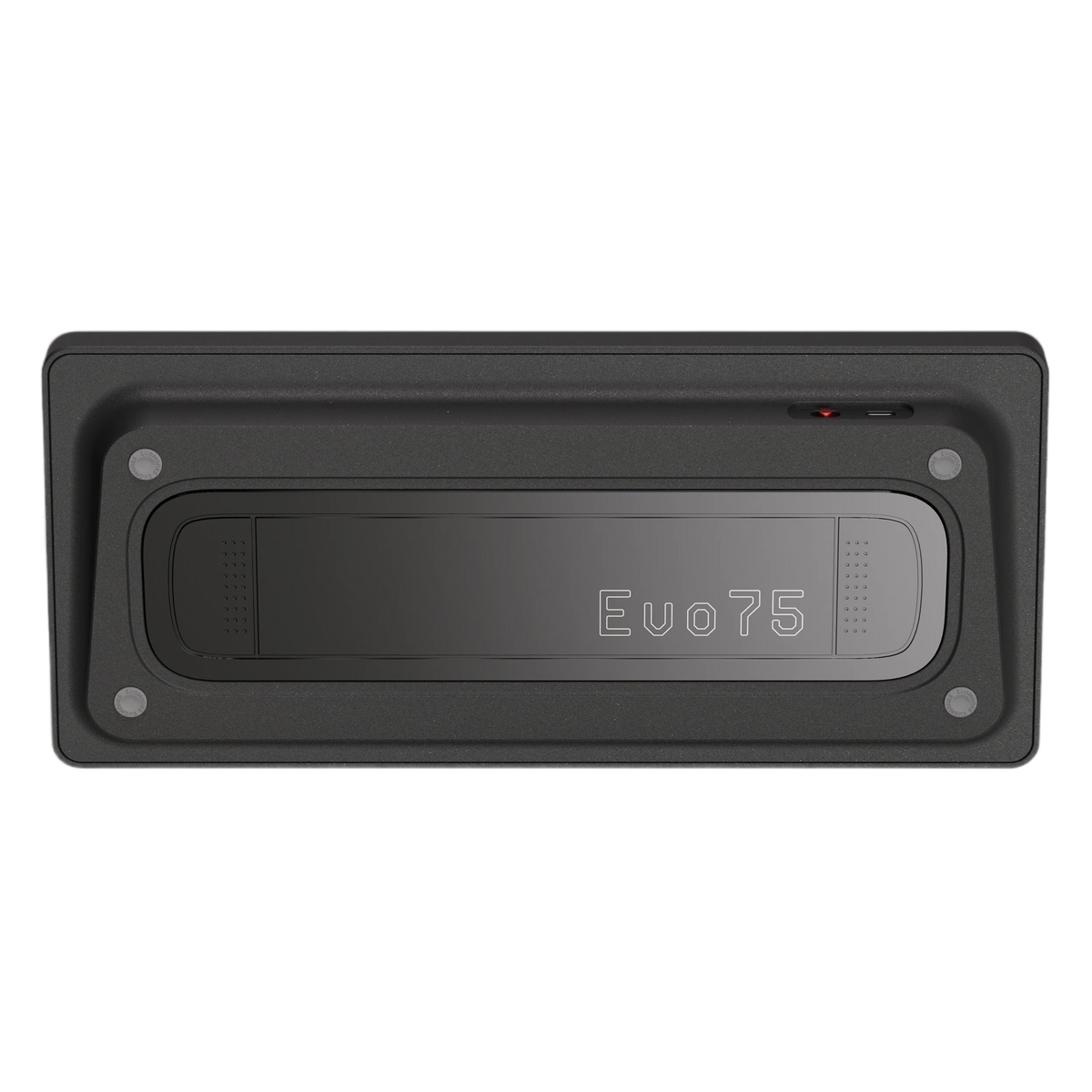 Bottom view of Evo75 wireless mechanical keyboard in Nebula colour, showing Evo75 logo window and USB-C port