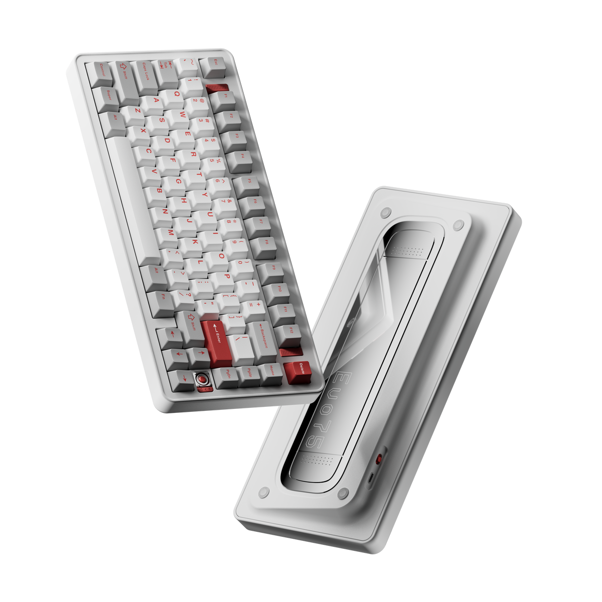 Evo75 wireless mechanical keyboard in Nova White colour, shown from the top and the bottom with Evo75 logo window