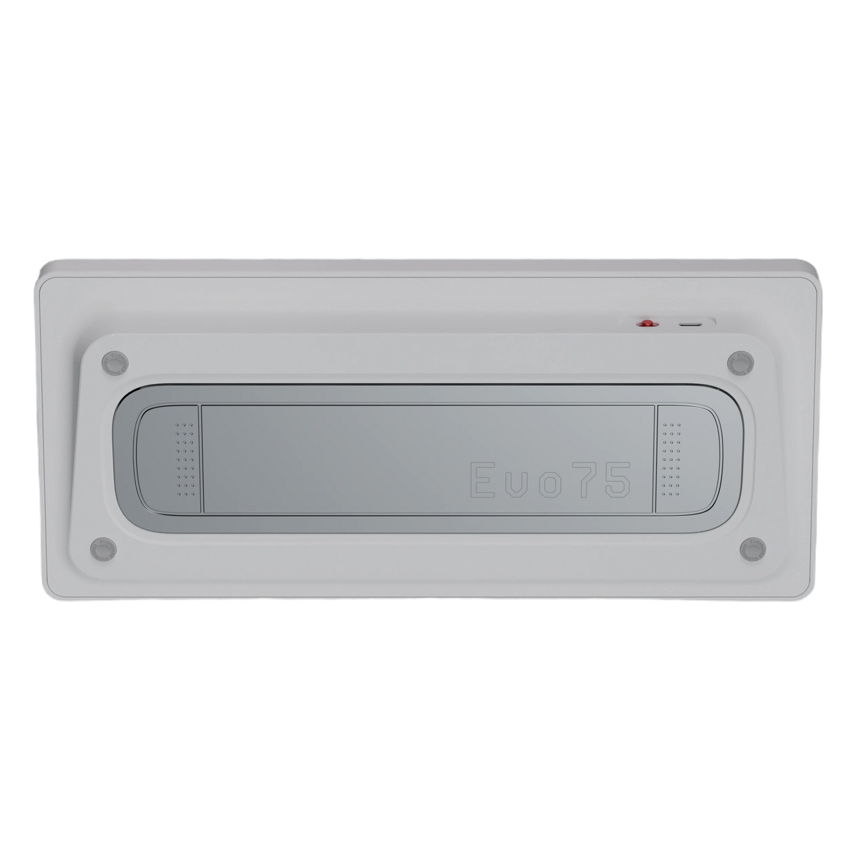 Bottom view of Evo75 wireless mechanical keyboard in Nova White colour, showing Evo75 logo window and USB-C port