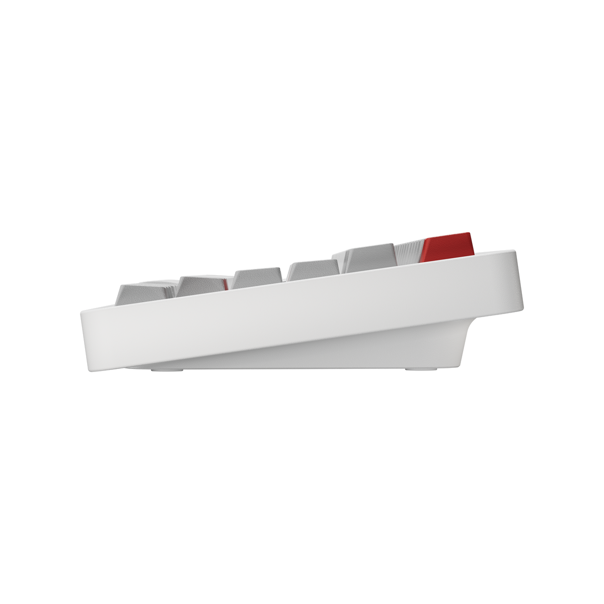 Side view of Evo75 wireless mechanical keyboard in Nova White colour, showing case profile and typing angle