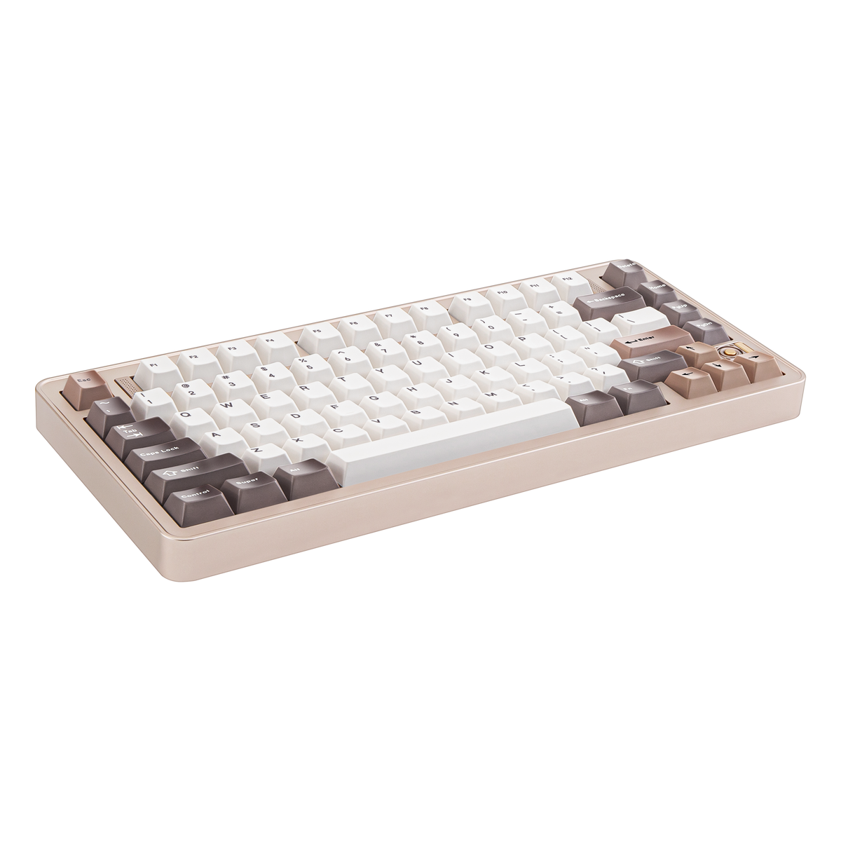 Angled view of Evo75 wireless mechanical keyboard in Sandgold colour, ANSI 75% layout