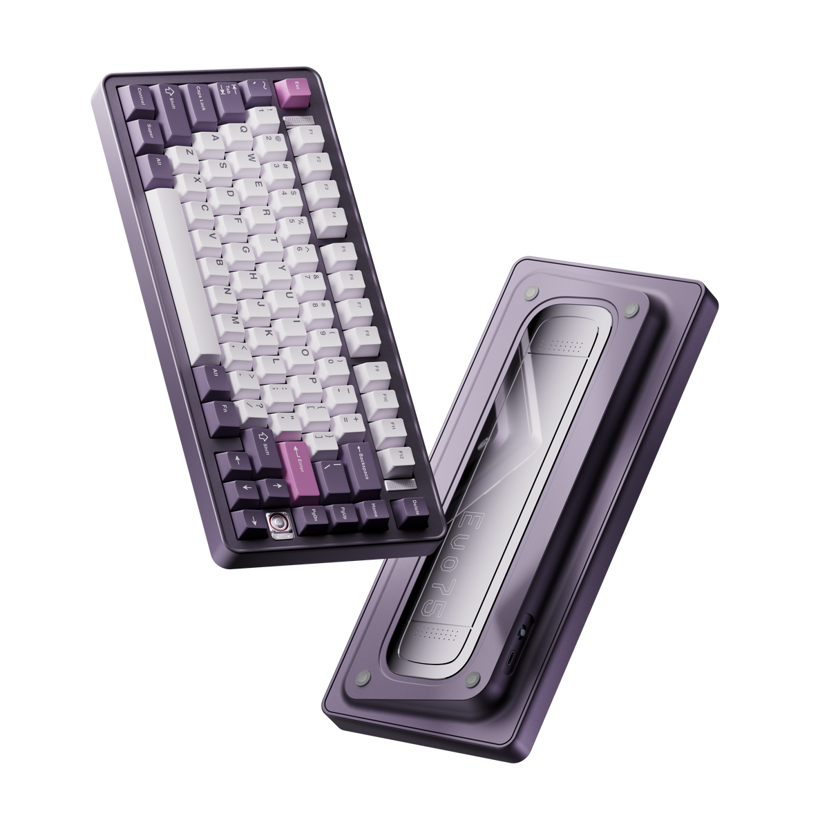 Evo75 wireless mechanical keyboard in Tyrian colour, shown from the top and the bottom with Evo75 logo window