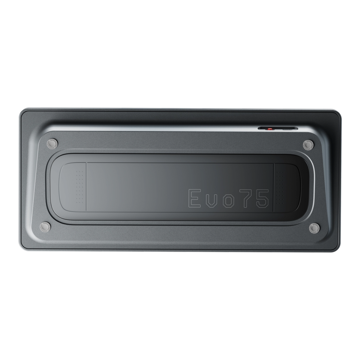 Evoworks Evo75 wireless mechanical keyboard in Basalt Grey, bottom case view with Evo75 logo window