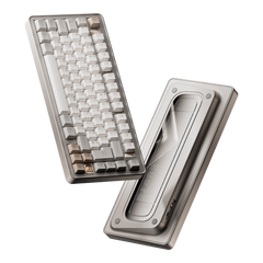 Evoworks Evo75 wireless mechanical keyboard in First Light with white and beige keycaps, floating front and bottom case view #color_first-light