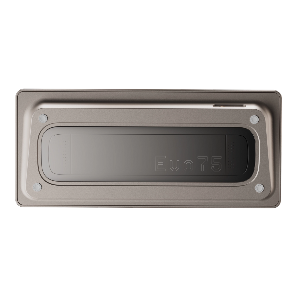 Evoworks Evo75 wireless mechanical keyboard in First Light, bottom case view with Evo75 logo window