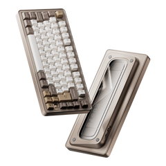Evoworks Evo75 wireless mechanical keyboard in Sandgold with white, taupe and gold keycaps, floating front and bottom case view #color_sandgold