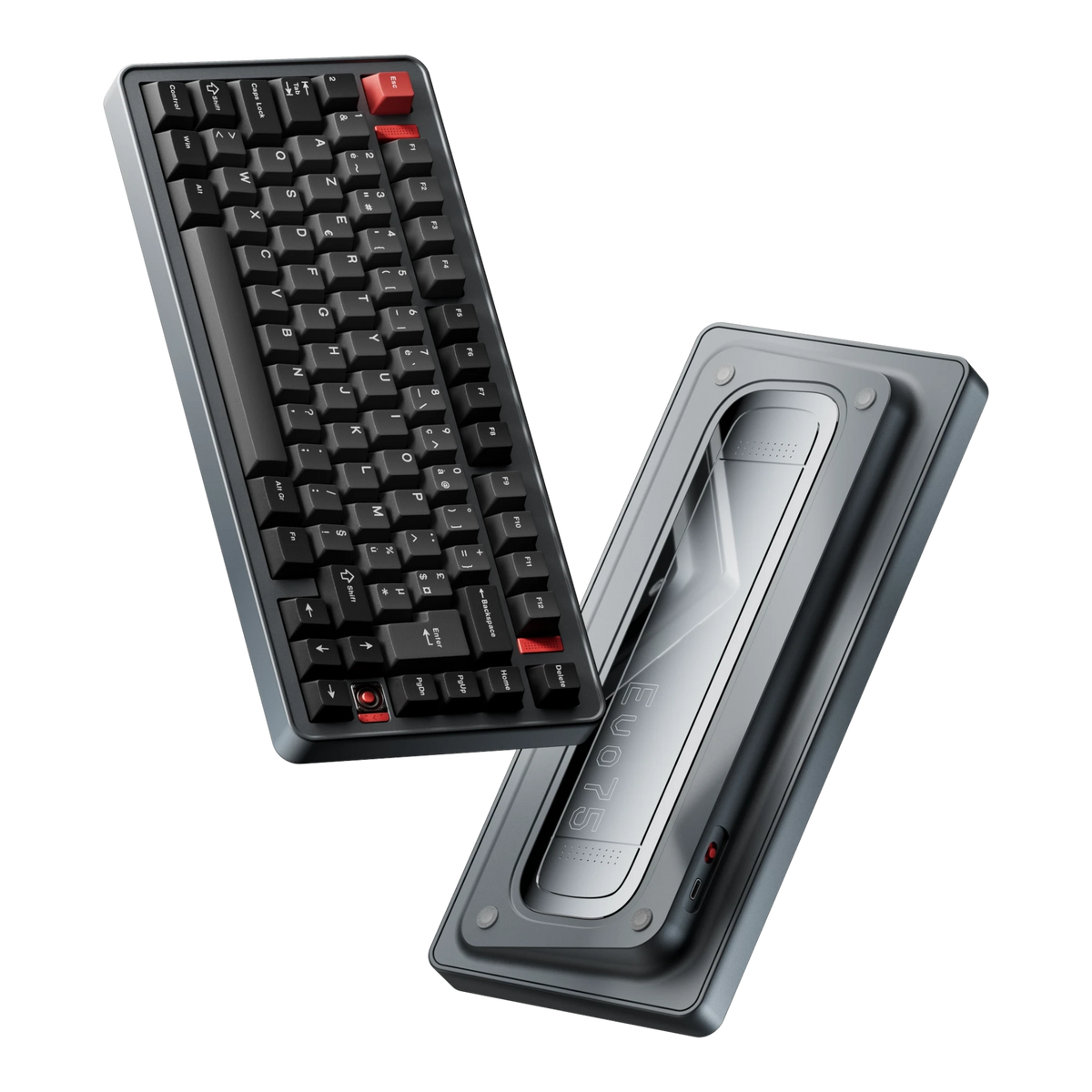 Evoworks Evo75 wireless mechanical keyboard in Basalt Grey with black and red keycaps, floating front and bottom case view, AZERTY FR layout