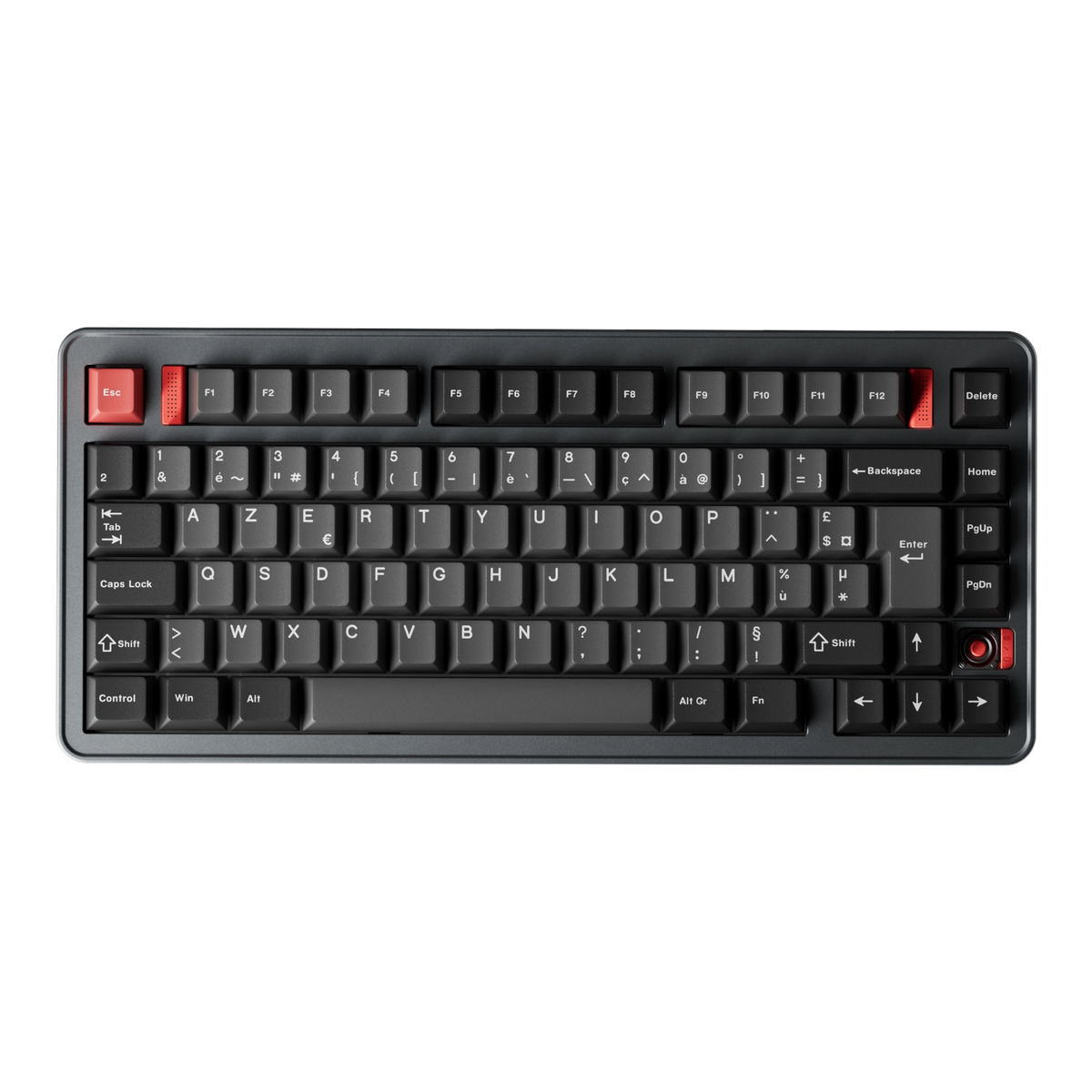Evoworks Evo75 wireless mechanical keyboard in Basalt Grey with black and red keycaps, top-down view, AZERTY FR layout