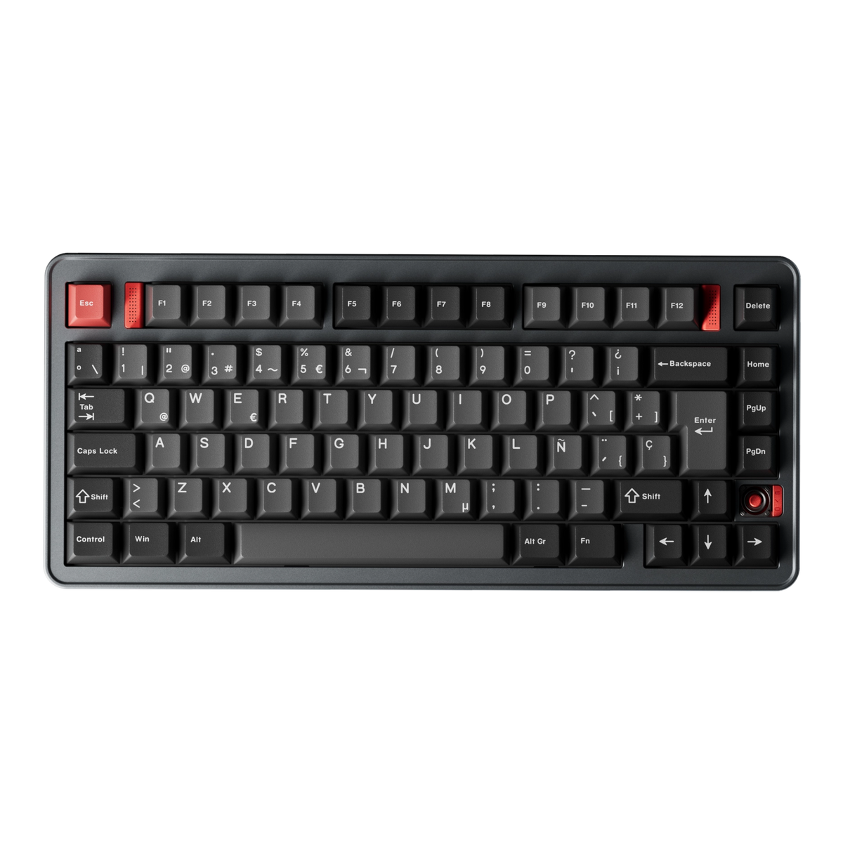 Evoworks Evo75 wireless mechanical keyboard in Basalt Grey with black and red keycaps, top-down view, ES ISO layout