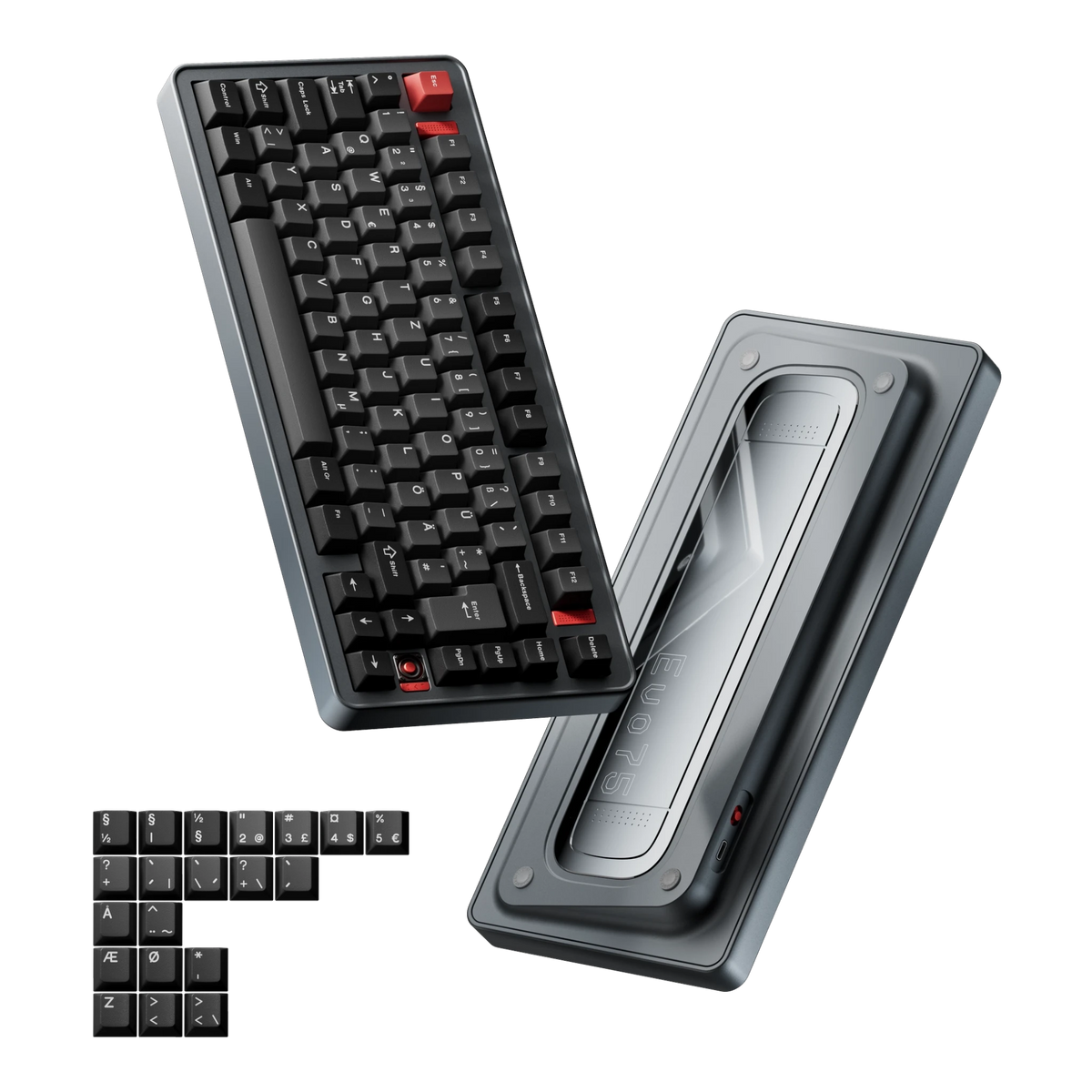 Evoworks Evo75 wireless mechanical keyboard in Basalt Grey with black and red keycaps, floating front and bottom case view with ISO Nordic replacement keycaps