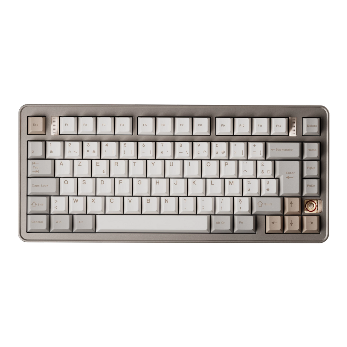 Evoworks Evo75 wireless mechanical keyboard in First Light with white and beige keycaps, top-down view, AZERTY FR layout