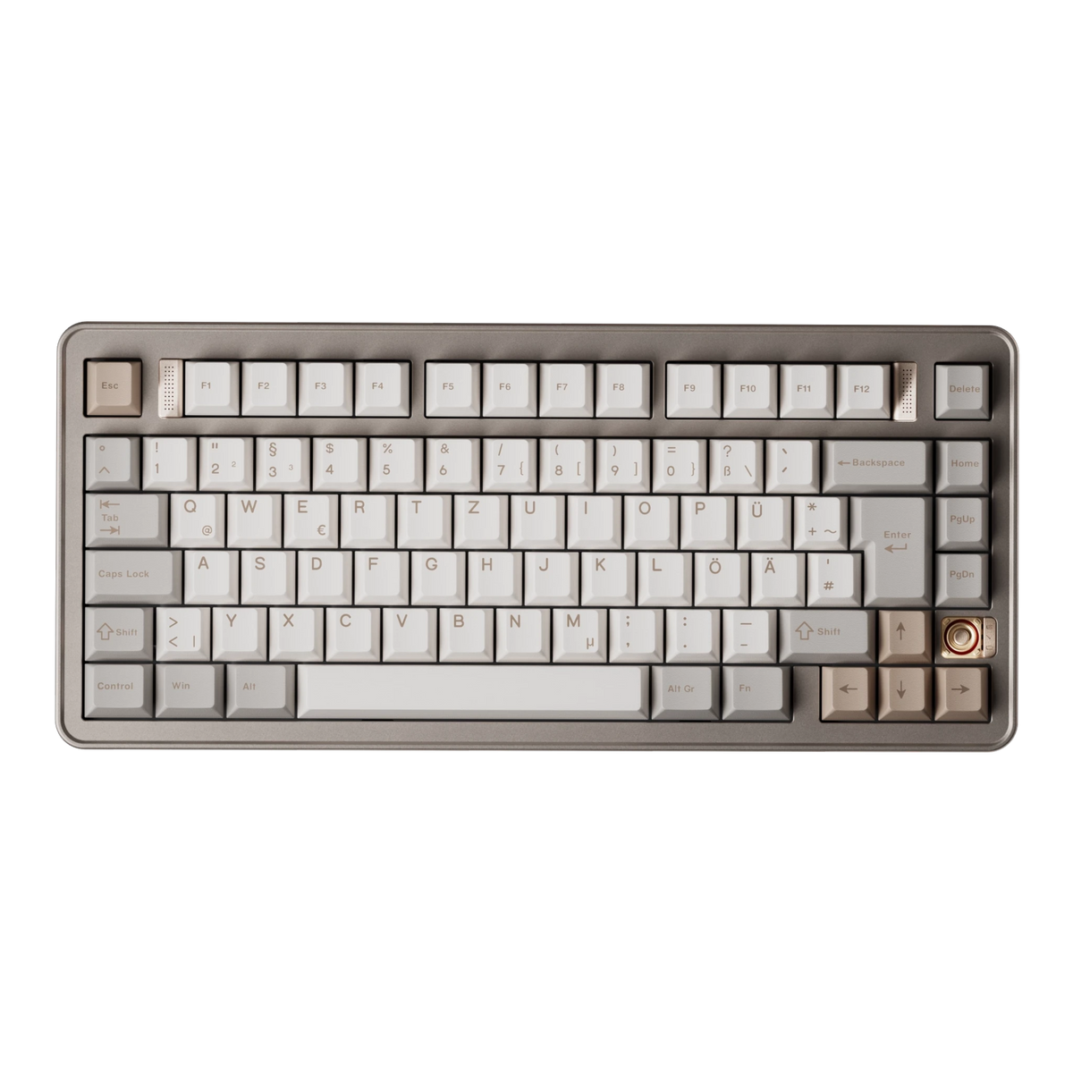 Evoworks Evo75 wireless mechanical keyboard in First Light with white and beige keycaps, top-down view, DE ISO layout