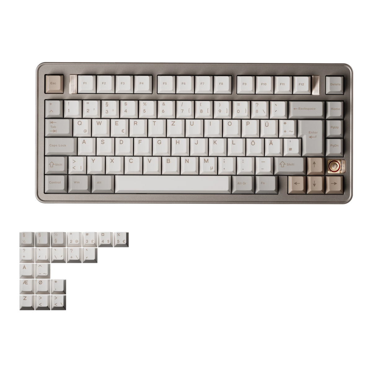 Evoworks Evo75 wireless mechanical keyboard in First Light with white and beige keycaps, top-down view, German ISO base with ISO Nordic replacement keycaps
