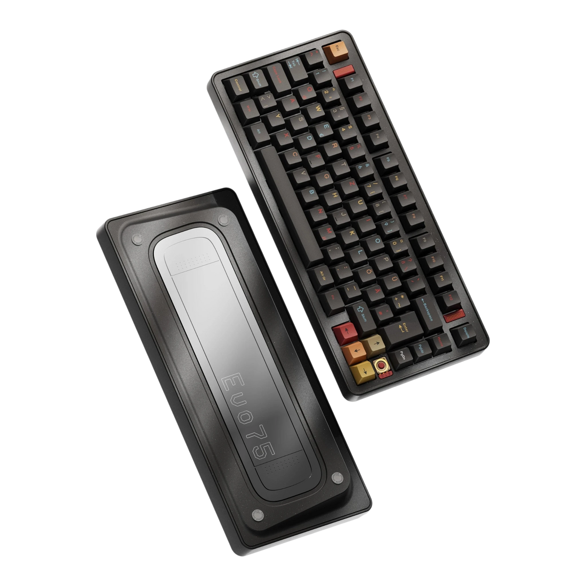 Evoworks Evo75 wireless mechanical keyboard in Nebula with black keycaps with red, orange and yellow accents, floating front and bottom case view, DE ISO layout