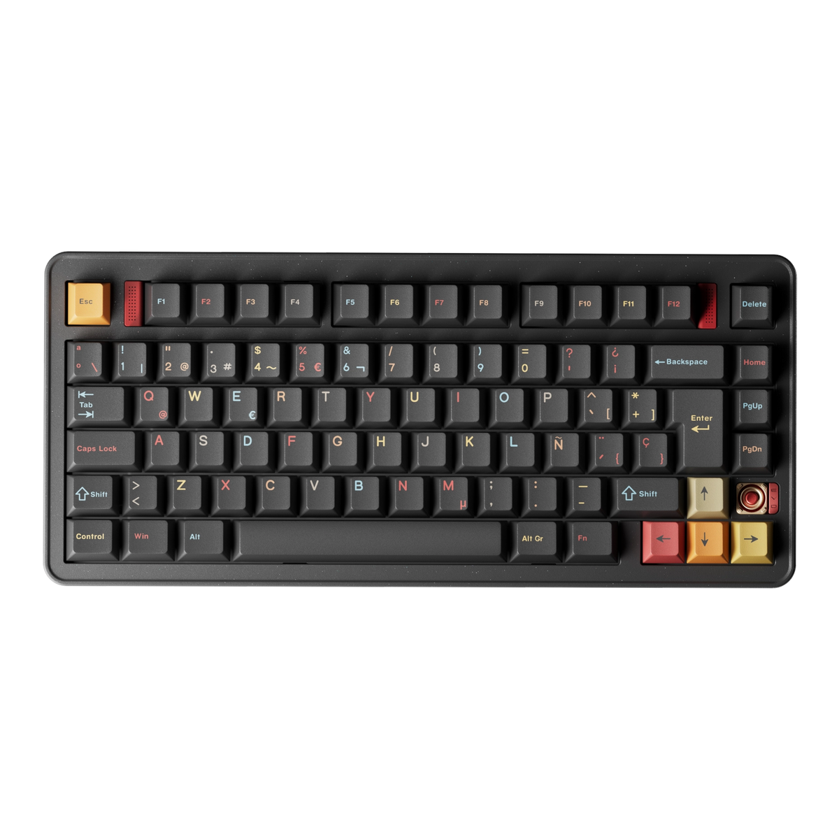 Evoworks Evo75 wireless mechanical keyboard in Nebula with black keycaps with red, orange and yellow accents, top-down view, ES ISO layout