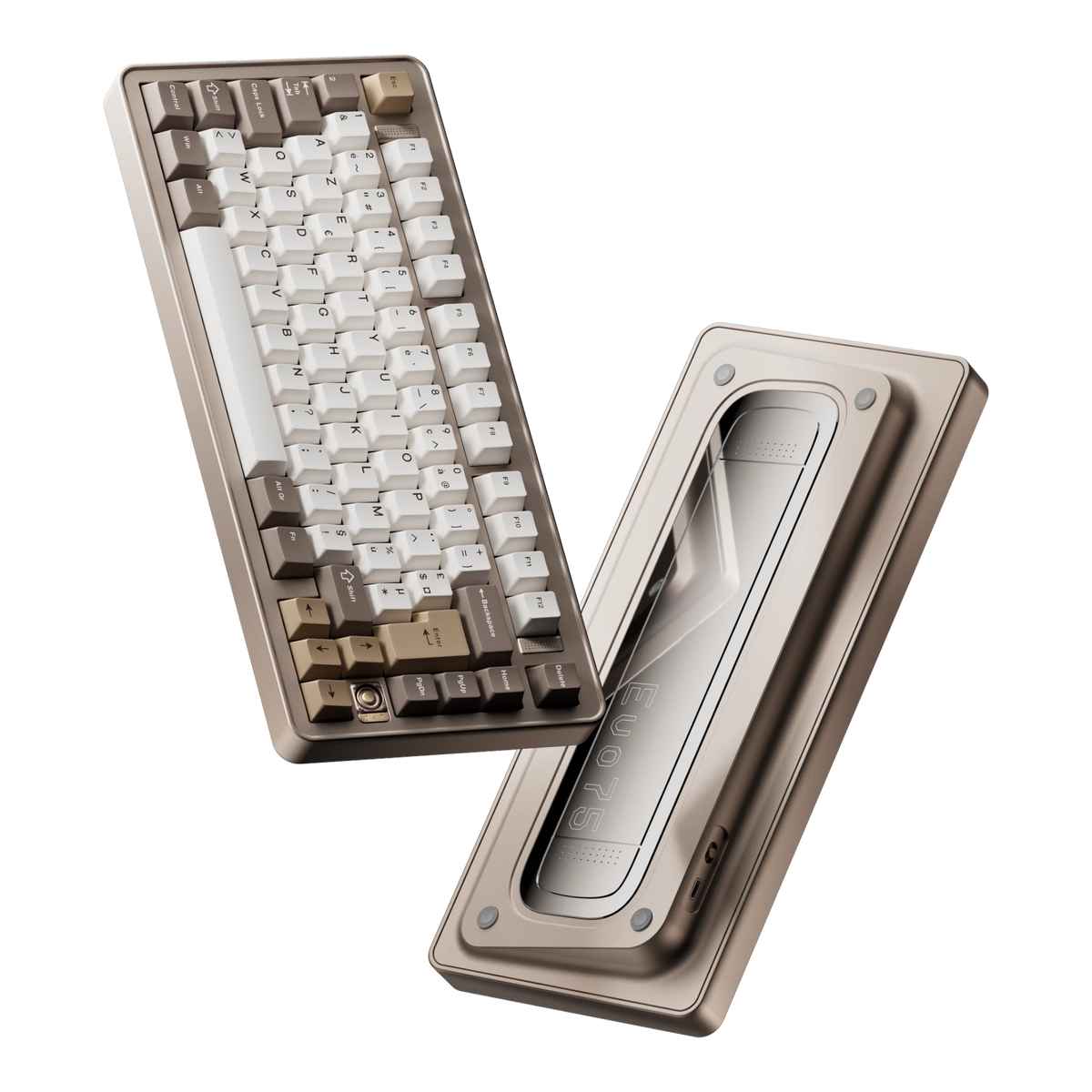 Evoworks Evo75 wireless mechanical keyboard in Sandgold with white, taupe and gold keycaps, floating front and bottom case view, AZERTY FR layout