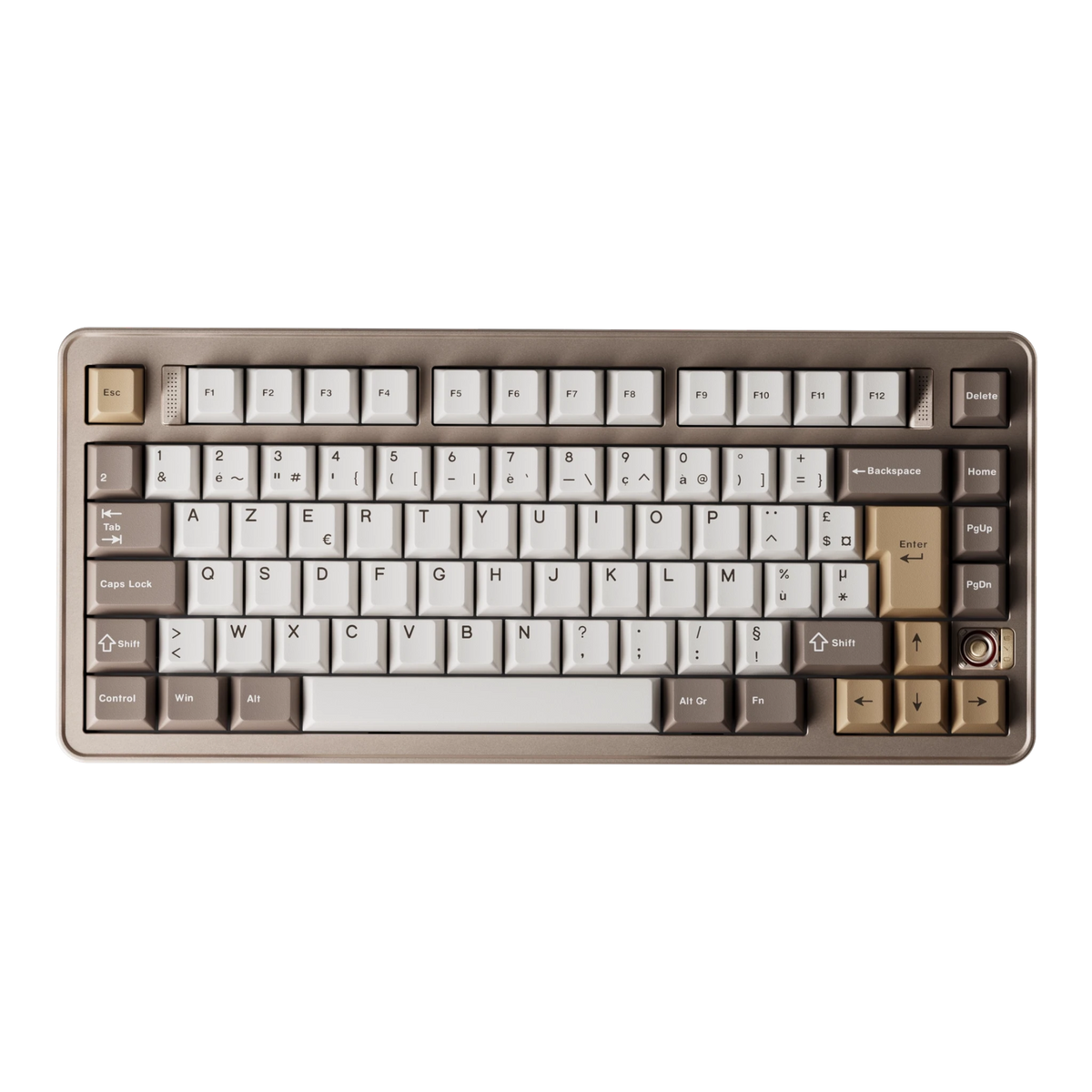 Evoworks Evo75 wireless mechanical keyboard in Sandgold with white, taupe and gold keycaps, top-down view, AZERTY FR layout