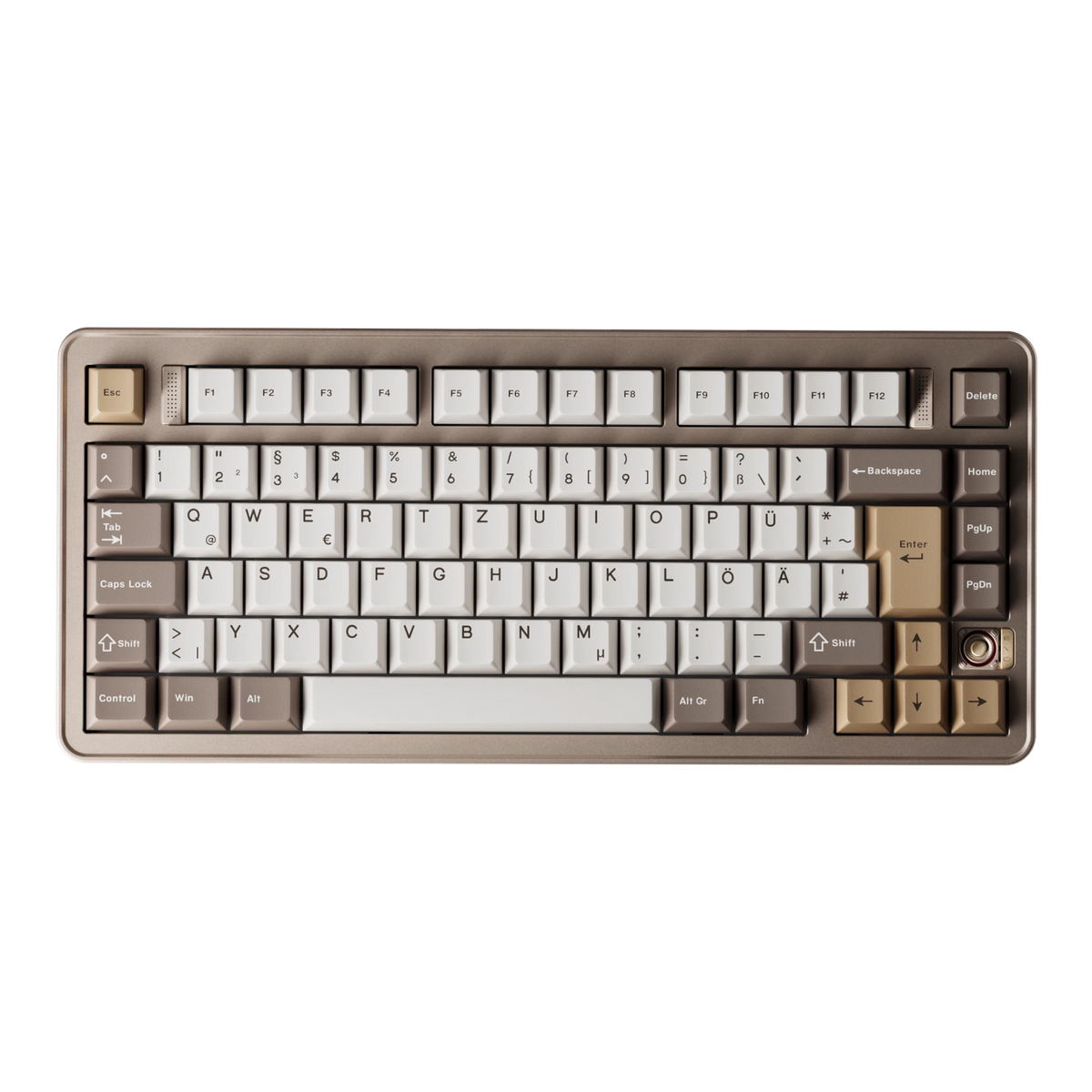 Evoworks Evo75 wireless mechanical keyboard in Sandgold with white, taupe and gold keycaps, top-down view, DE ISO layout
