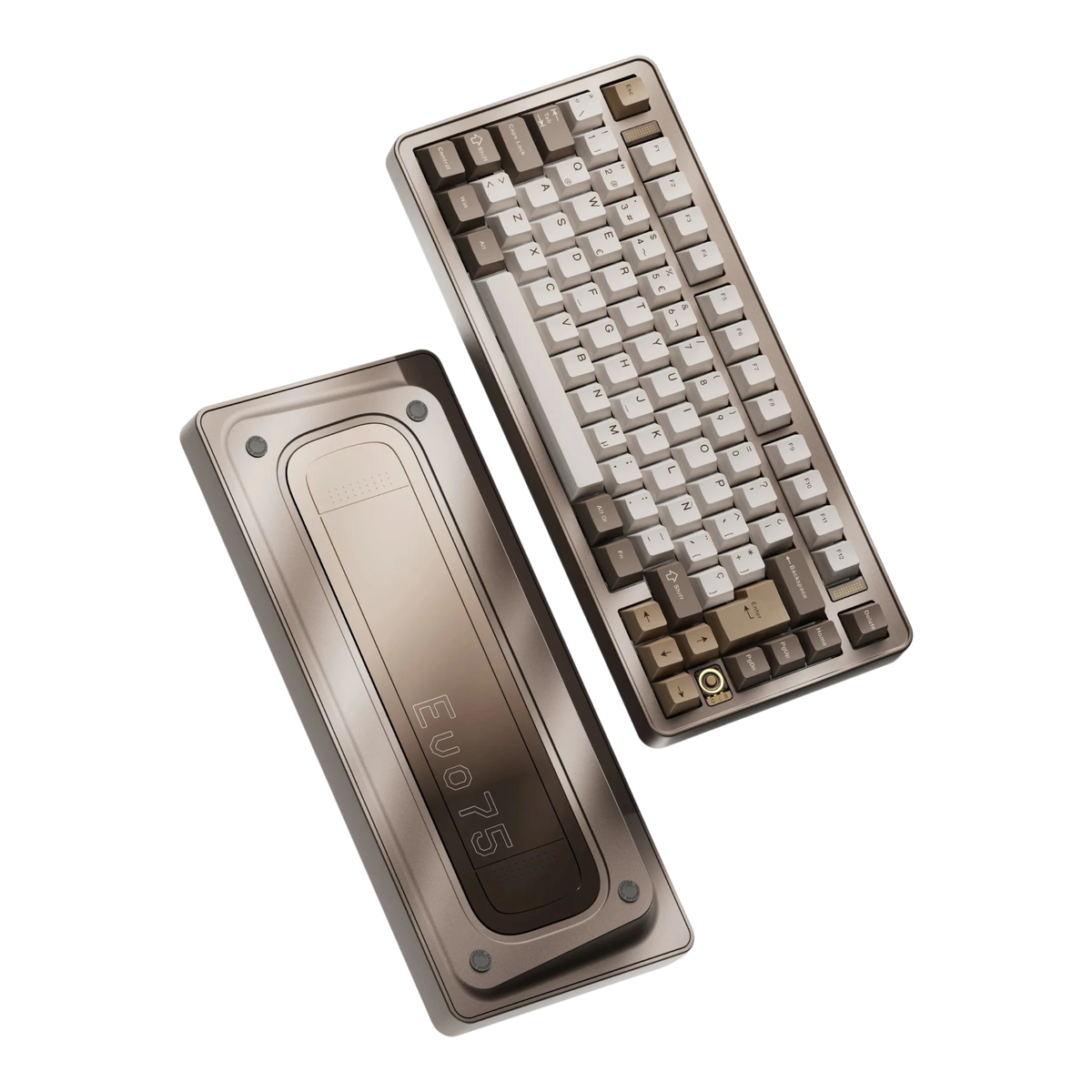 Evoworks Evo75 wireless mechanical keyboard in Sandgold with white, taupe and gold keycaps, floating front and bottom case view, ES ISO layout
