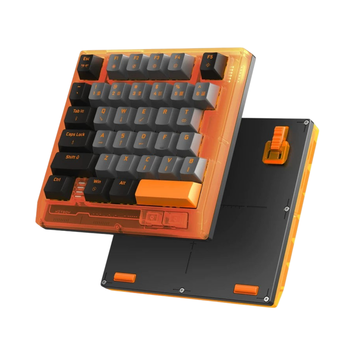 HK35 one handed magnetic keyboard, Competition Orange translucent case with black and grey keycaps, angled view with bottom plate