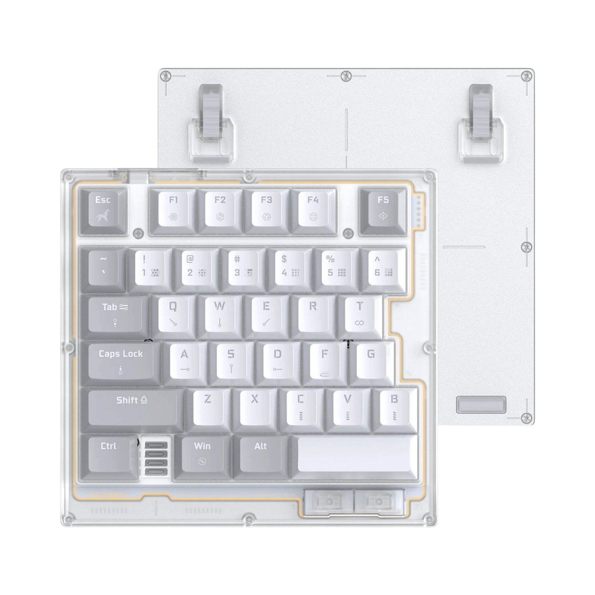 HK35 one handed magnetic keyboard, Phantom clear case with white and grey keycaps, top view with bottom plate and feet