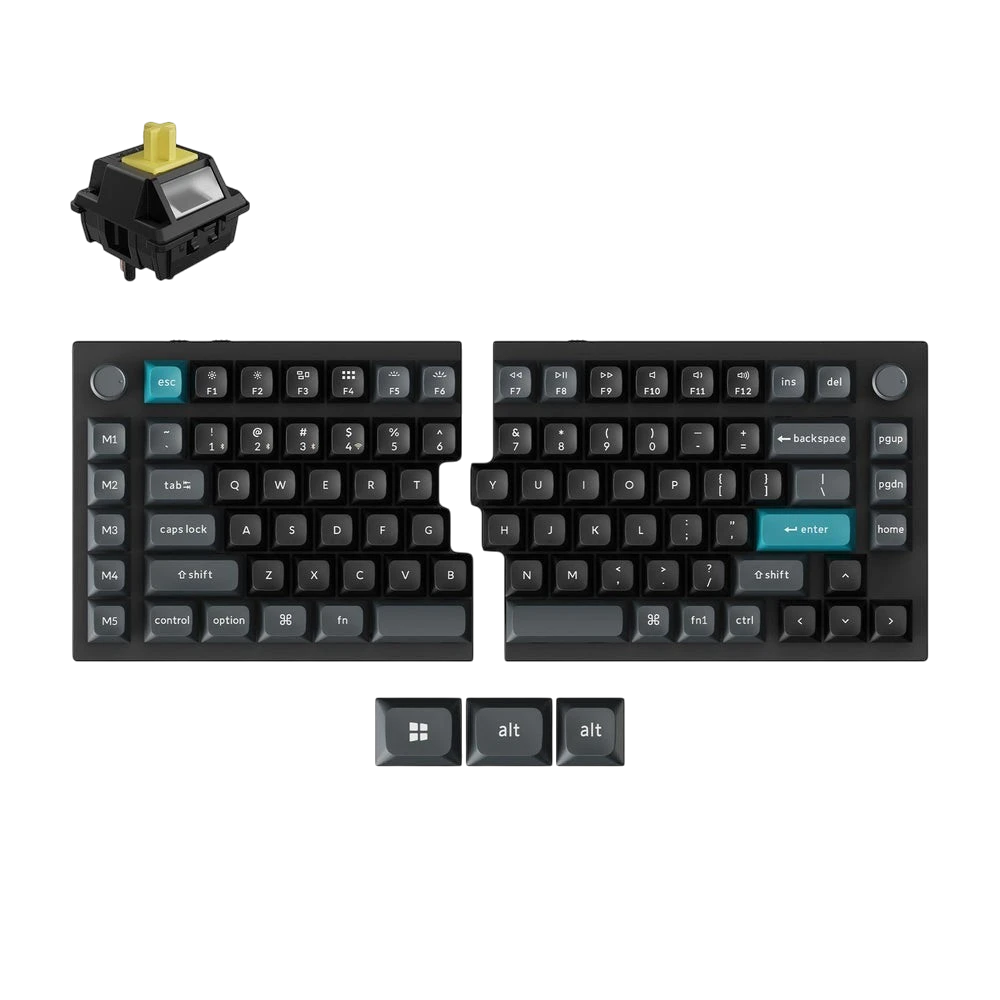 Keychron Q11 Ultra split mechanical keyboard in black with blue accents, rotary knobs, and a Silk POM switch.