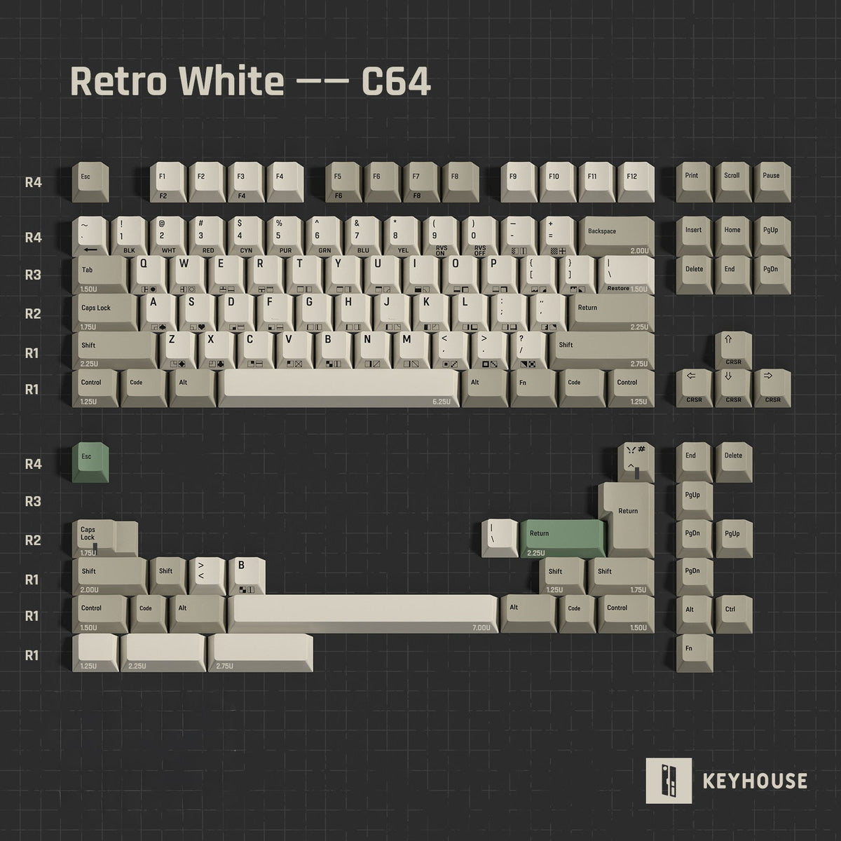 9009 Retro PBT mechanical keyboard keycap layout labelled 'Retro White -- C64' on a dark grid background. The keycaps are primarily off-white/cream with some light grey and a few muted green accent keys.